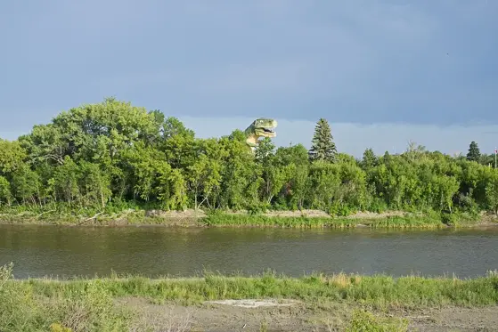 The World's Largest Dinosaur across the Red Deer River in Drumheller, near the RV park.