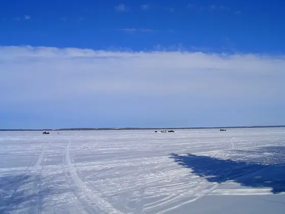 Pigeon Lake at the provincial park in winter (ice-fishing shacks).